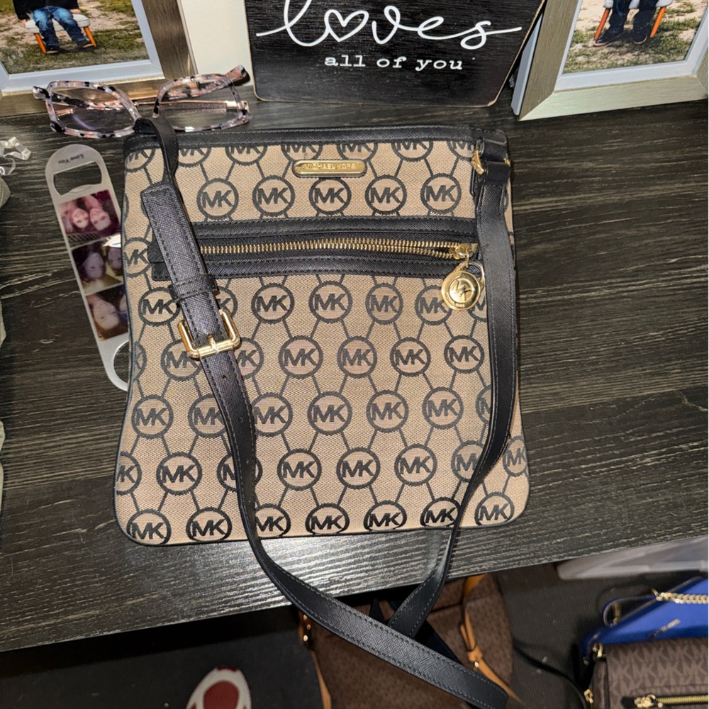 Michael Kors Tan and Black MK Pattern Crossbody Bag